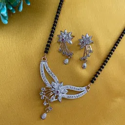 Digital Dress Room Gold-Plated Studded Floral Shaped Mangalsutra with Earrings-67