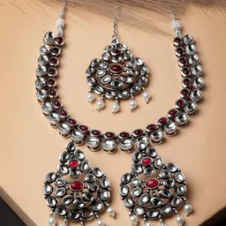 ADIVA Oxidised Silver-Plated Kundan-Studded & Pearl Beaded Jewellery Set-picture-42