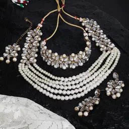 ZENEME Gold-Plated Kundan Studded & Beaded Jewellery Set-image-38