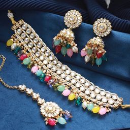 Jazz and Sizzle Gold-Plated Kundan & Bead Studded Jewellery Set-image-61