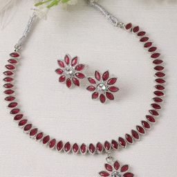 ZENEME Rhodium-Plated Flower Leaf American Diamond Studded Necklace Earring Jewellery Set-image-10