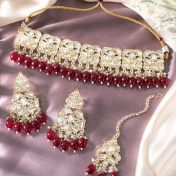 Peora Gold-Plated Kundan-Studded & Beaded Jewellery Set-6