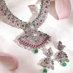 Rubans Radiance Oxidized Silver-Toned Ruby & Emerald Accent Temple Necklace Set image 5