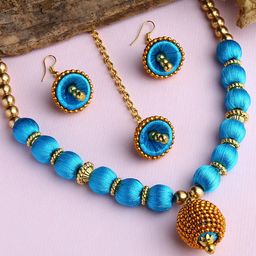 AKSHARA Gold-Plated & Blue Stones-Studded & Beaded Wooden Balls Silk Thread Jewellery Set-image-22