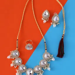 Cierra Gold Plated Kundan Studded & Beaded Jewellery Set-image-36
