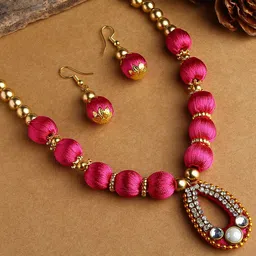 AKSHARA Gold-Plated & Pink Stone-Studded Wooden Balls Silk Thread Jewellery Set-image-4