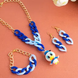 Golden Peacock Gold-Toned Navy Blue Donald Duck Charm Necklace With Bracelet & Earrings Set-image-28