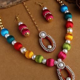AKSHARA Gold-Plated & Blue & Red Stones-Studded & Beaded Wooden Balls Silk Thread Jewellery Set-image-13
