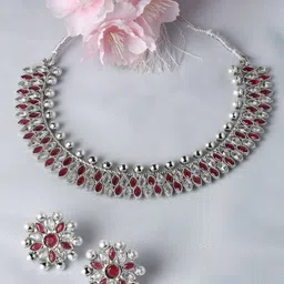 ZENEME Rhodium-Plated American Diamond Pearl Studded Necklace Earring Jewellery Set-picture-29