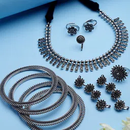 KARATCART Oxidised Silver-Plated Kundan-Studded Combo Tribal Jewellery Set-image-53