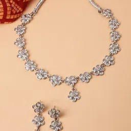 ZENEME Rhodium-Plated Flower American Diamond Studded Necklace with Earring Jewellery Set-image-32