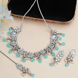 KARATCART Oxidised Silver-Plated Blue Kundan-Studded Jewellery Set-image-59