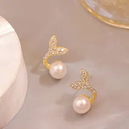 FIMBUL Gold-Plated Beads & Stones Studded Fish Tail Stud Earrings-20