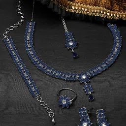 KARATCART Silver-Plated Cubic Zirconia-Studded Floral Jewellery Set-20