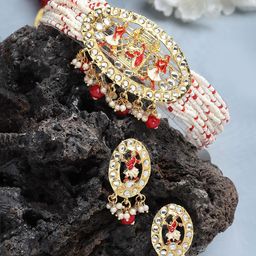 KARATCART Gold-Plated Kundan-Studded & Beaded Jewellery Set-image-40