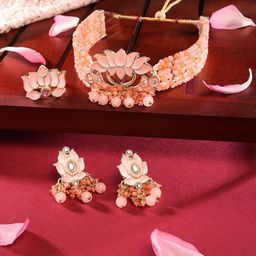 Zaveri Pearls Orange & Peach Meenakari Lotus Crystal Choker Necklace Earring & Ring Set-32