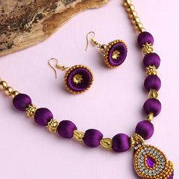 AKSHARA Women Purple Stone-Studded & Beaded Silk Thread Jewelry Set-image-53