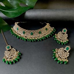 I Jewels Gold-Plated Kundan-Studded & Beaded Necklace & Earrings & Maang Tikka-image-94