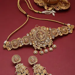 PANASH Gold-Plated Kundan & Stone-Studded Temple Choker Jewellery Set-20