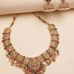 KARATCART Gold-Plated Kundan-Studded Laxmi Mata and Peacock Temple Necklace and Earrings-19
