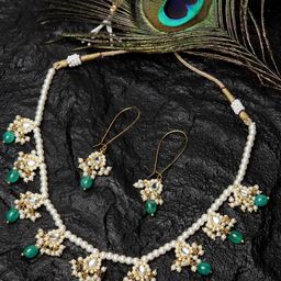 DUGRISTYLE Gold-Plated & White Kundan-Studded & Pearl Beaded & Faux Emerald Handcrafted Jewellery Set-image-67