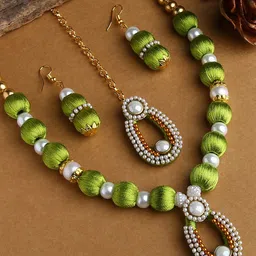 AKSHARA Gold-Plated Green & White Stone-Studded & Beaded Silk Thread Jewellery Set-10