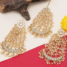 Karatcart Gold Plated Kundan and Pearl Studded Earrings and Maangtikka Set-4