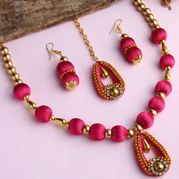 AKSHARA Gold-Plated White Stone-Studded Pink Wooden Balls Silk Thread Jewellery Set-35