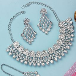 Atasi International Rhodium-Plated Crystals-Studded Necklace With Earrings & Maang Tika-image-99