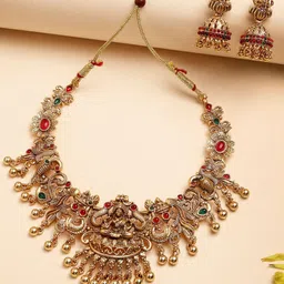 KARATCART Gold-Plated Stone Studded & Beaded Laxmi Mata and Peacock Temple Jewellery Set-1