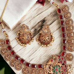 OOMPH Artificial Stones Studded & Pearls Beaded Temple Jewellery Set-image-52