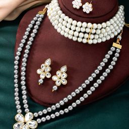 Peora Set Of 2 Gold-Plated Crystal-Studded & Beads Beaded Necklace With Earrings-image-14