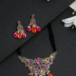 Sangria Silver-Toned & Red Silver-Plated Stone-Studded Jewellery Set-4