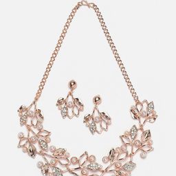 Aazeen Rose Gold-Plated Cubic Zirconia Studded & Pearls Leaf Shaped Jewellery Set-image-19