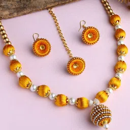 AKSHARA Gold-Plated White & Yellow Stone Studded & Beaded Wooden Ball Silk Thread Jewellery Set-24
