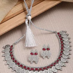 Kennice Silver-Plated Kundan-Studded Temple Coin Jewellery Set-image-7