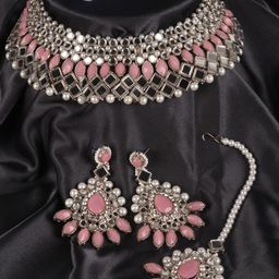 PENNY JEWELS Silver-Toned & Traditional Stone Studded & Pearls Jewellery Set-image-17
