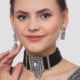 KARATCART Silver Plated Black Beaded Jewellery Set-33