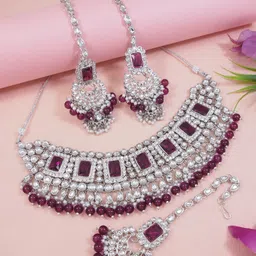 I Jewels Silver Plated Kundan & Pearls Studded & Beaded Jewellery Set-15