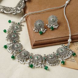 TEEJH Oxidised Stone-Studded & Beaded Jewellery Set-image-29