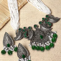 KARATCART Sliver-Plated Stone-Studded & Beaded Oxidised Jewellery Set-35