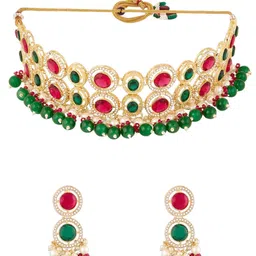 Zaveri Pearls Gold-Plated  Stone Studded & Beaded Jewellery Set-image-15