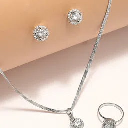 OOMPH Cubic Zirconia-Studded Solitaire Necklace And Earrings-image-47