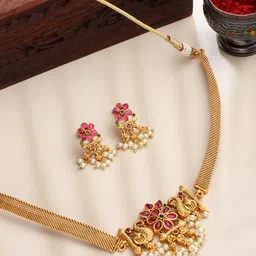 PANASH Gold-Plated Pink Stone-Studded Peacock Shaped Jewellery Set-30