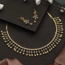 Priyaasi Gold-Plated Grey & White Stone-Studded & Pearl-Beaded Jewellery Set-13