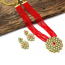 Jewar Mandi Gold-Plated & Toned Red Kundan Stone Studded Jewellery Set-image-52