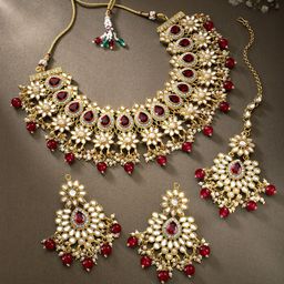 Peora Maroon & White Gold Plated Studded Jewellery Set-27