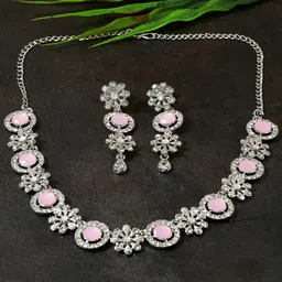 AccessHer Silver-Plated Pink Stone-Studded Jewellery Set-28