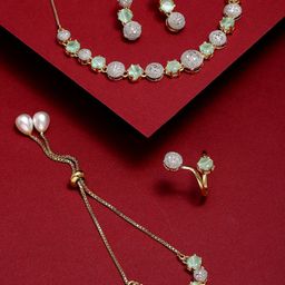 ZENEME Gold-Plated White & Green AD-Studded Handcrafted Jewellery Set-image-69