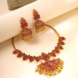 Yellow Chimes Gold-Plated Stone Studded Floral Designed Necklace & Earrings-43